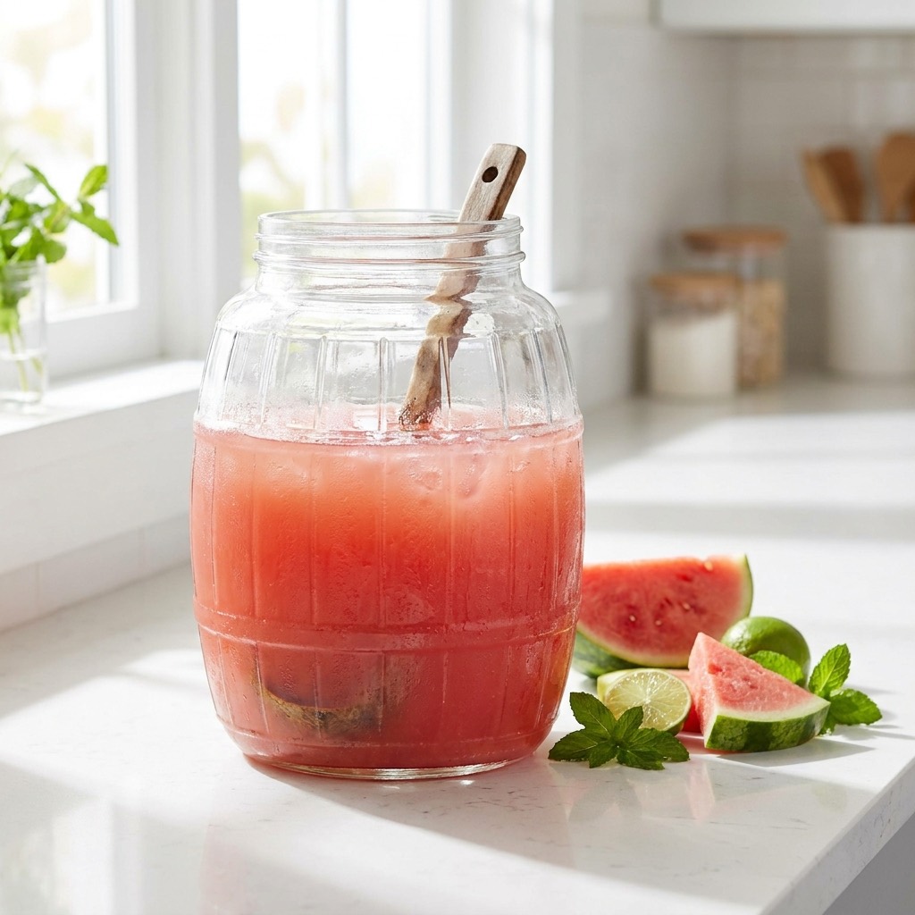 Vitrolero de agua fresca de sandía con cucharón de madera y rebanadas de sandía