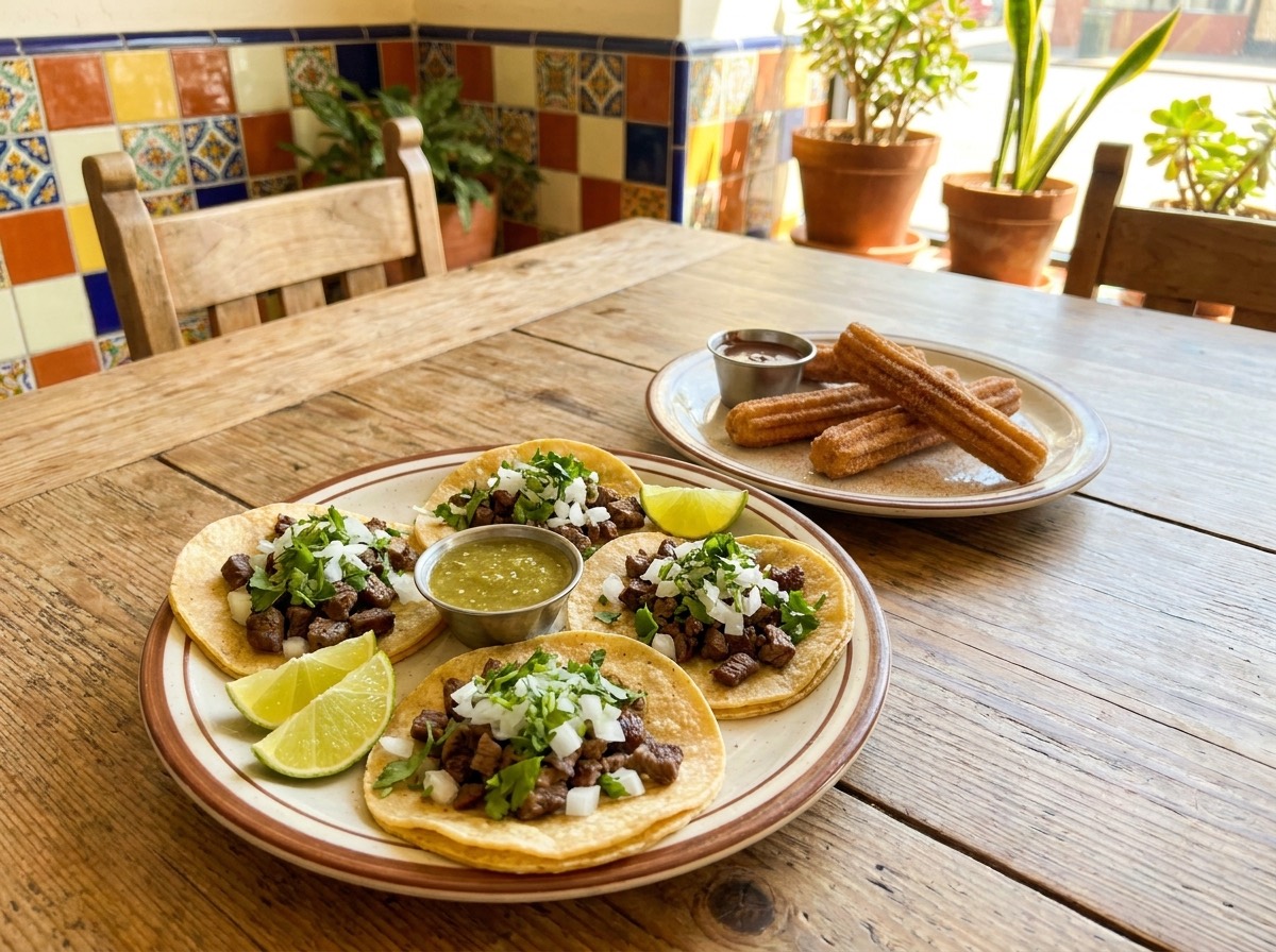 Plato de tacos en tortillas hechas a mano con churros al fondo